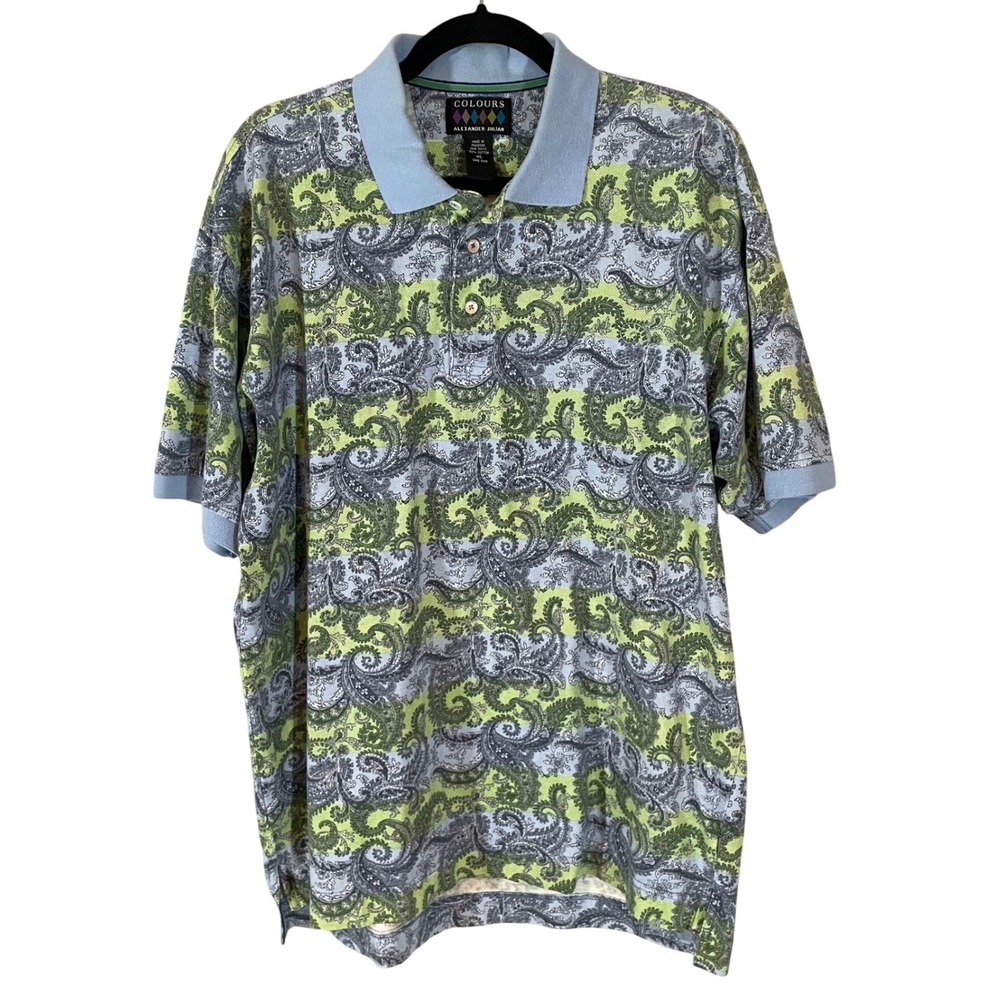 Colours Alexander Julian Mens XL Polo Shirt Paisley Cotton Green Blue VTG